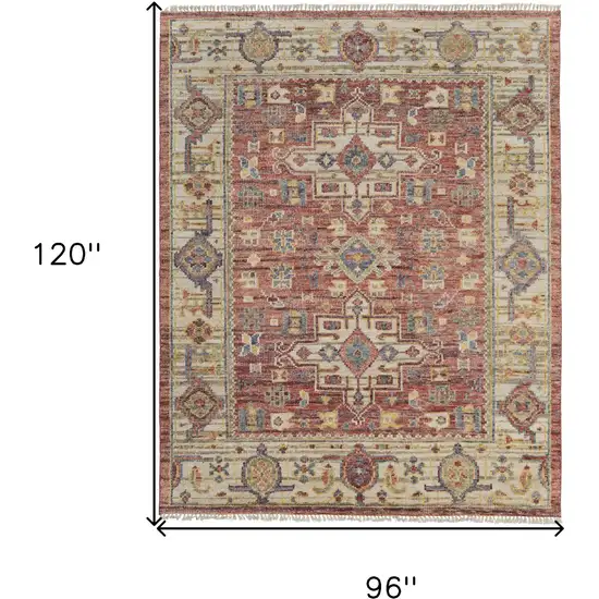 Ivory Red and Gold Wool Oriental Hand Knotted Area Rug With Fringe Photo 3