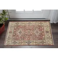 Photo of Ivory Red and Gold Wool Oriental Hand Knotted Area Rug With Fringe