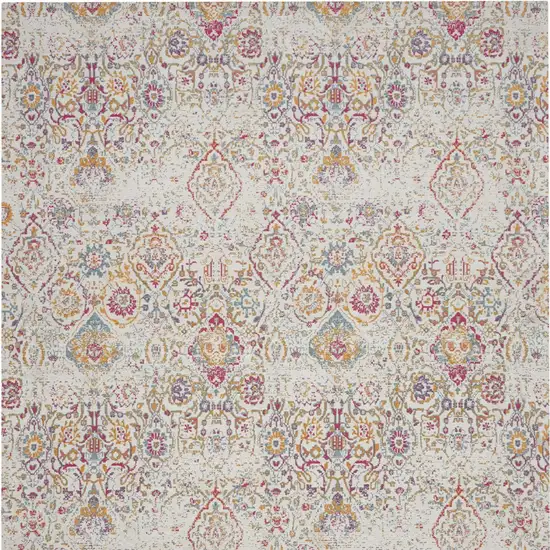 Ivory Red and Light Blue Damask Distressed Area Rug Photo 8