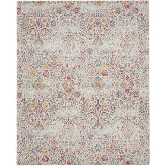 Ivory Red and Light Blue Damask Distressed Area Rug Photo 2