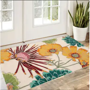 Photo of Ivory Red and Orange Floral Hand Carved Handmade Area Rug