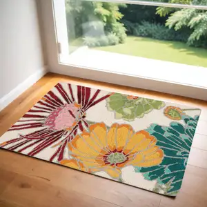 Photo of Ivory Red and Yellow Floral Hand Carved Handmade Area Rug