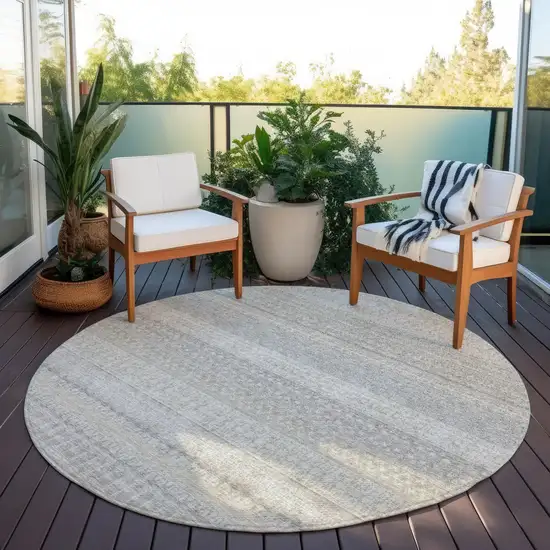 Ivory Round Striped Washable Non Skid Indoor Outdoor Area Rug Photo 6