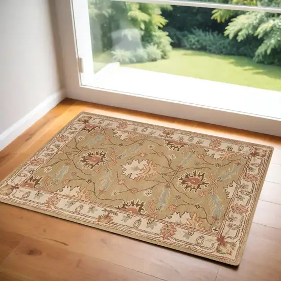 Ivory Sage and Tan Wool Floral Area Rug Photo 1