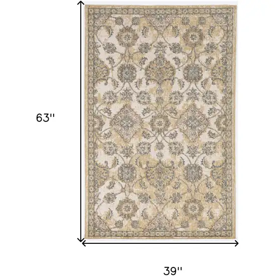 Ivory Sand Machine Woven Bordered Floral Vines Indoor Area Rug Photo 4