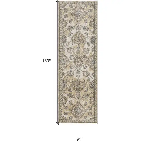 Ivory Sand Machine Woven Bordered Floral Vines Indoor Area Rug Photo 3