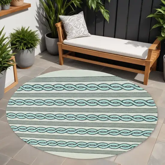 Ivory and Blue Round Abstract Indoor Outdoor Area Rug Photo 1