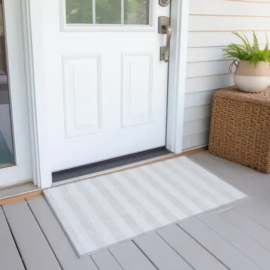 Ivory Striped Washable Indoor Outdoor Area Rug Photo 6