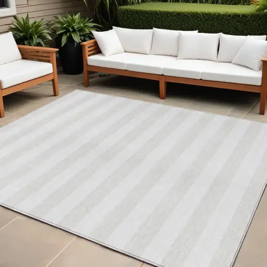 Ivory Striped Washable Indoor Outdoor Area Rug Photo 1