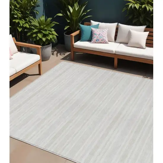 Ivory Striped Washable Indoor Outdoor Area Rug Photo 1