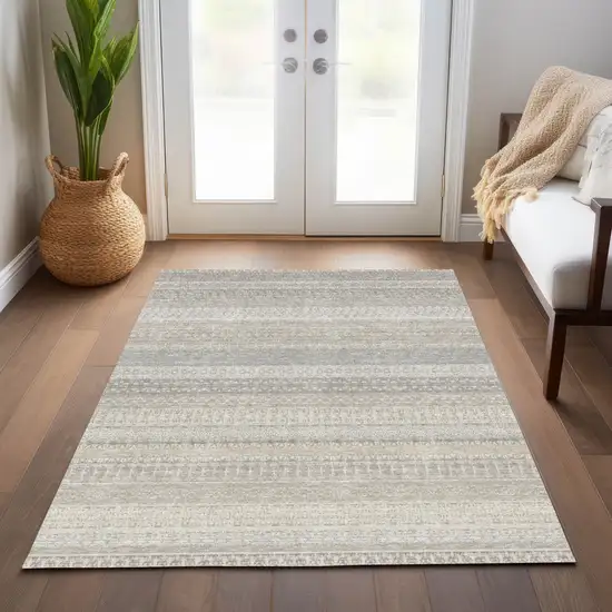 Ivory Striped Washable Indoor Outdoor Area Rug Photo 8