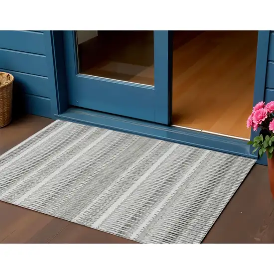 Ivory Striped Washable Non Skid Indoor Outdoor Area Rug Photo 1