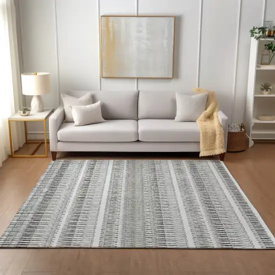 Ivory Gray And Taupe Striped Washable Indoor Outdoor Area Rug Photo 7