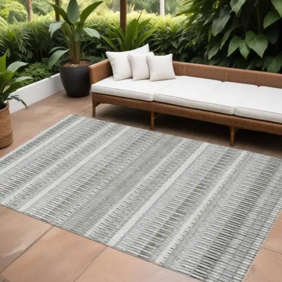 Ivory Striped Washable Non Skid Indoor Outdoor Area Rug Photo 1