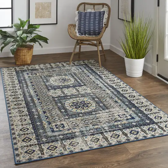 Ivory Tan And Blue Abstract Power Loom Distressed Stain Resistant Area Rug Photo 2