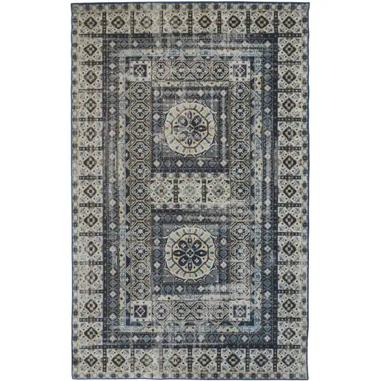 Ivory Tan And Blue Abstract Power Loom Distressed Stain Resistant Area Rug Photo 1