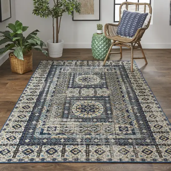 Ivory Tan And Blue Abstract Power Loom Distressed Stain Resistant Area Rug Photo 3