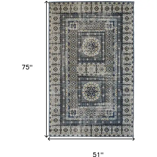 Ivory Tan And Blue Abstract Power Loom Distressed Stain Resistant Area Rug Photo 4