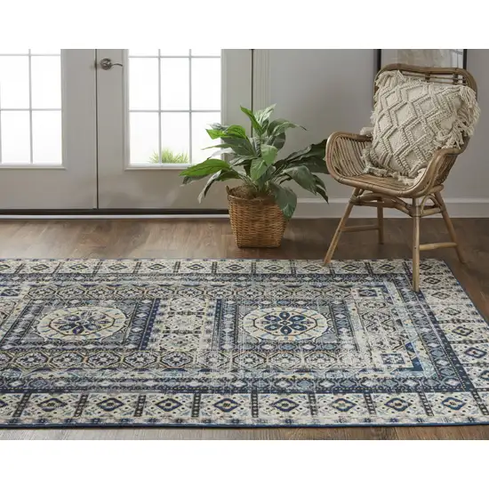 Ivory Tan And Blue Abstract Power Loom Distressed Stain Resistant Area Rug Photo 9