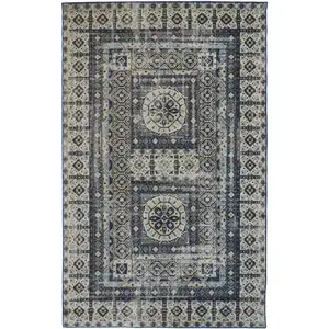 Photo of Ivory Tan And Blue Abstract Power Loom Distressed Stain Resistant Area Rug