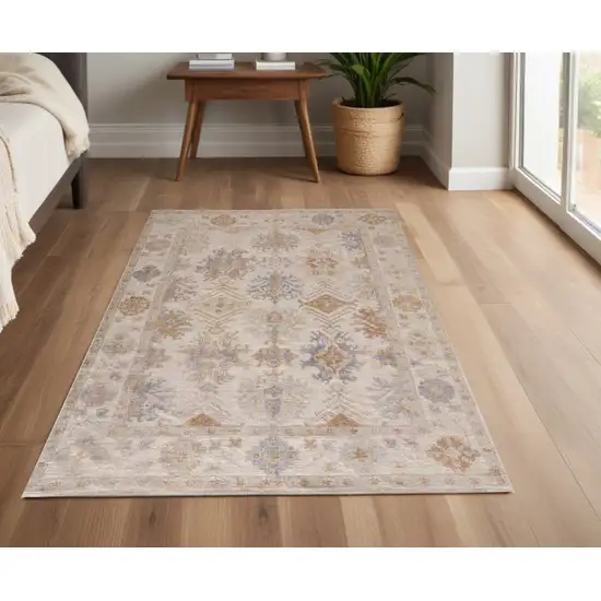 Ivory Tan And Blue Floral Hand Knotted Stain Resistant Area Rug Photo 1