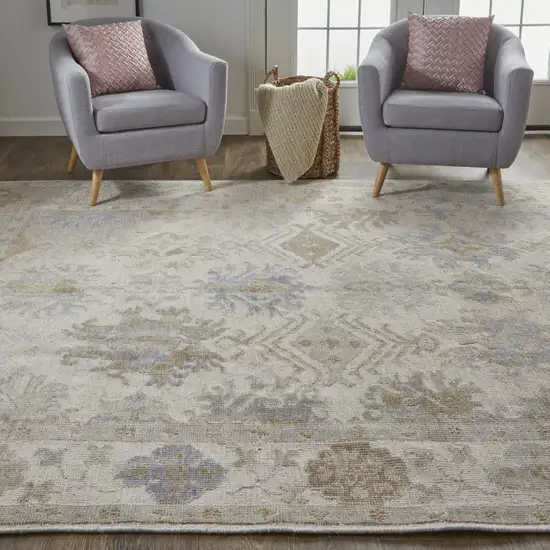 Ivory Tan And Blue Floral Hand Knotted Stain Resistant Area Rug Photo 6