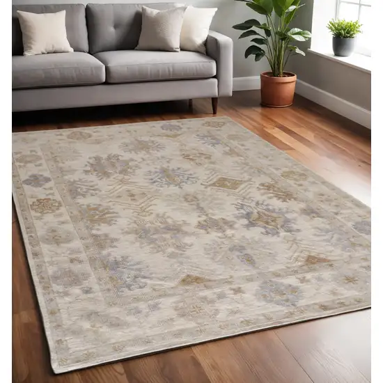 Ivory and Blue Floral Hand Knotted Area Rug Photo 1