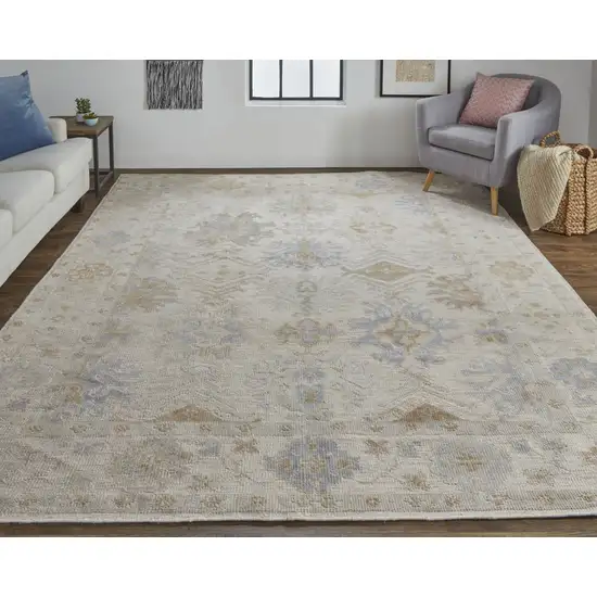 Ivory Tan And Blue Floral Hand Knotted Stain Resistant Area Rug Photo 4