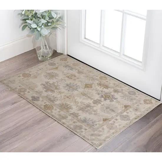 Ivory and Blue Floral Hand Knotted Area Rug Photo 1