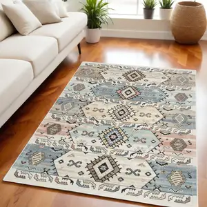 Photo of Ivory Tan And Blue Geometric Flatweave Area Rug