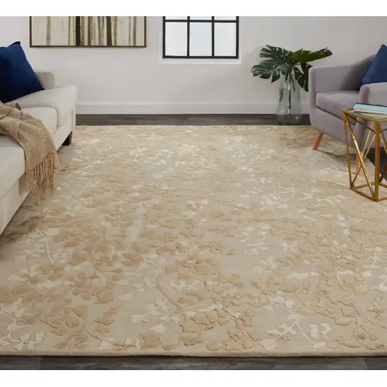 Ivory Tan And Gold Wool Floral Tufted Handmade Area Rug Photo 4