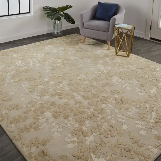 Ivory Tan And Gold Wool Floral Tufted Handmade Area Rug Photo 5