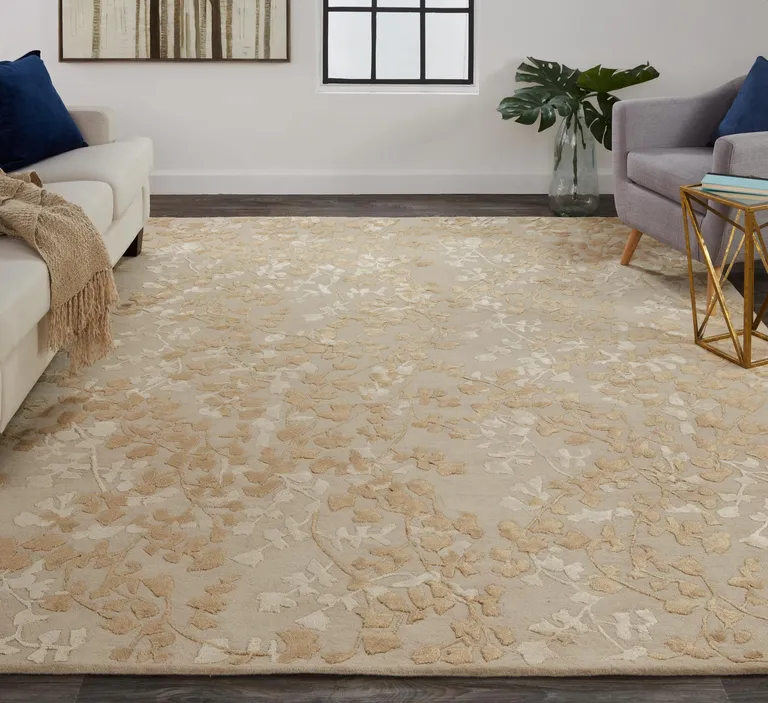 Ivory Tan And Gold Wool Floral Tufted Handmade Area Rug Photo 4