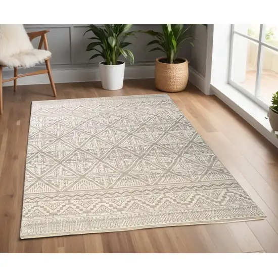 Gray and Ivory Geometric Hand Knotted Area Rug Photo 1