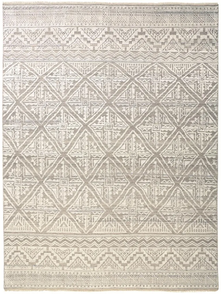 Ivory Tan And Gray Geometric Hand Knotted Area Rug Photo 1