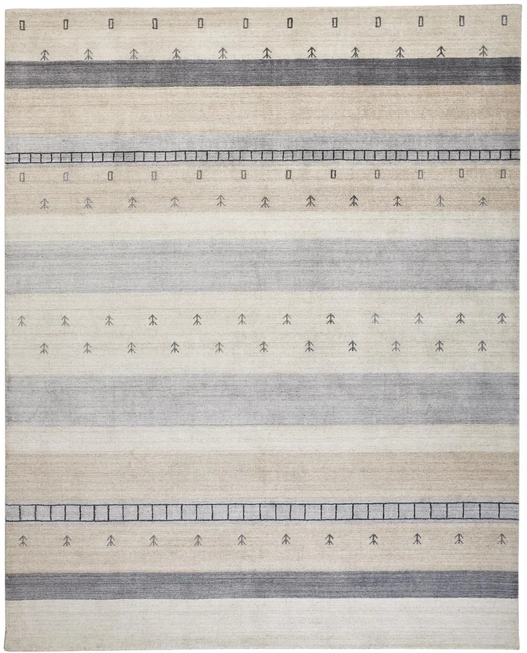 Ivory Tan And Gray Wool Striped Hand Knotted Stain Resistant Area Rug Photo 1