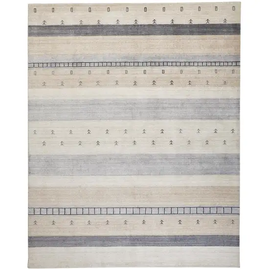 Ivory Tan And Gray Wool Striped Hand Knotted Stain Resistant Area Rug Photo 1