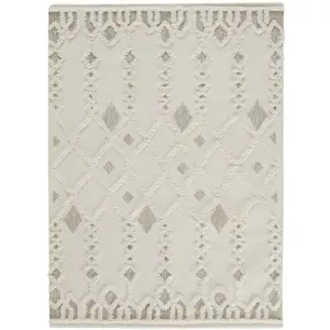 Photo of Ivory Tan And Silver Wool Geometric Tufted Handmade Stain Resistant Area Rug