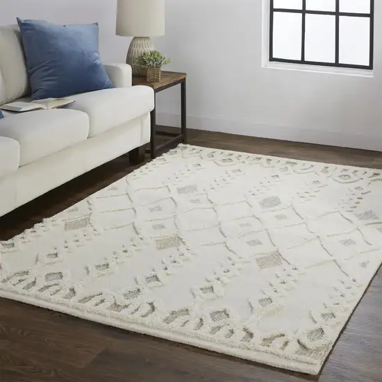 Ivory Tan And Silver Wool Geometric Tufted Handmade Stain Resistant Area Rug Photo 7