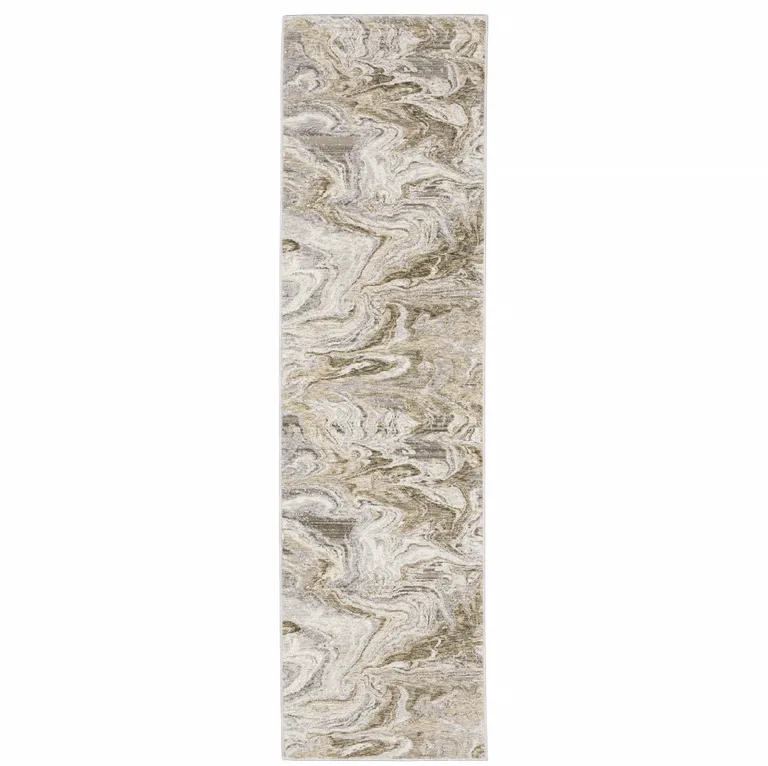 Ivory Tan Beige Grey And Brown Abstract Power Loom Stain Resistant Runner Rug Photo 1