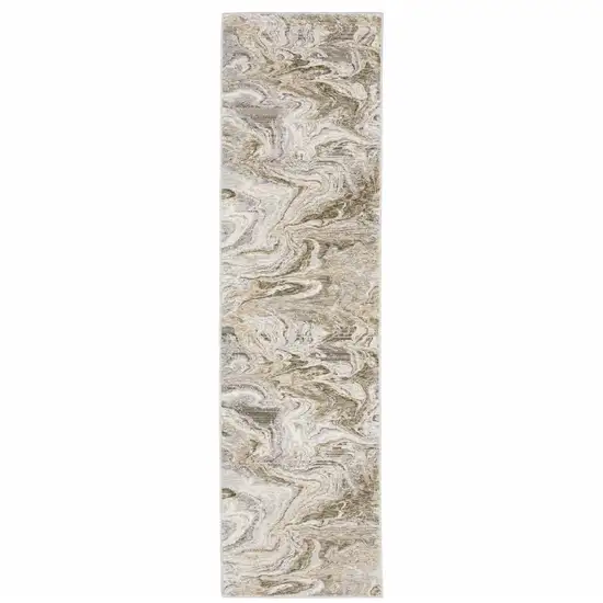 Ivory Tan Beige Grey And Brown Abstract Power Loom Stain Resistant Runner Rug Photo 1