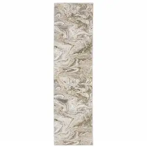 Photo of Ivory Tan Beige Grey And Brown Abstract Power Loom Stain Resistant Runner Rug