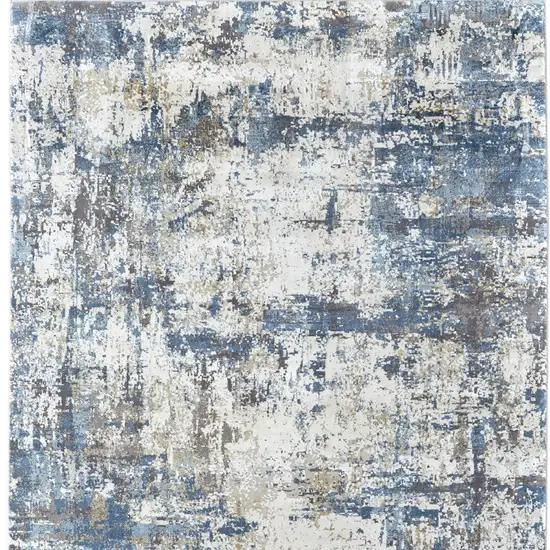 Ivory Tan and Blue Abstract Power Loom Area Rug With Fringe Photo 4