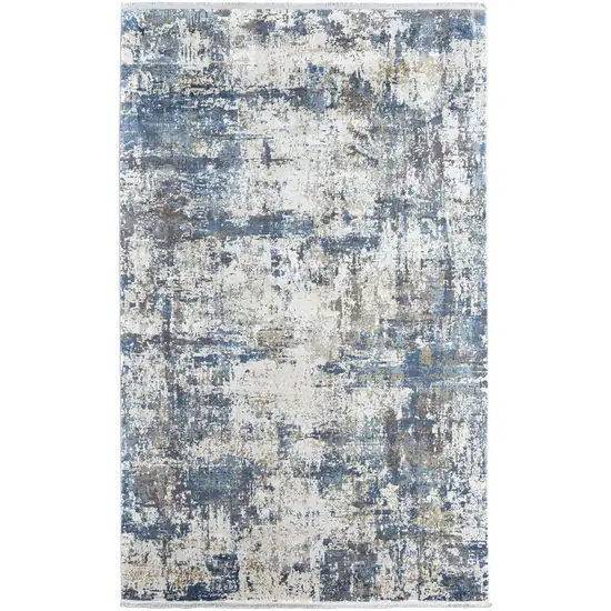 Ivory Tan and Blue Abstract Power Loom Area Rug With Fringe Photo 5