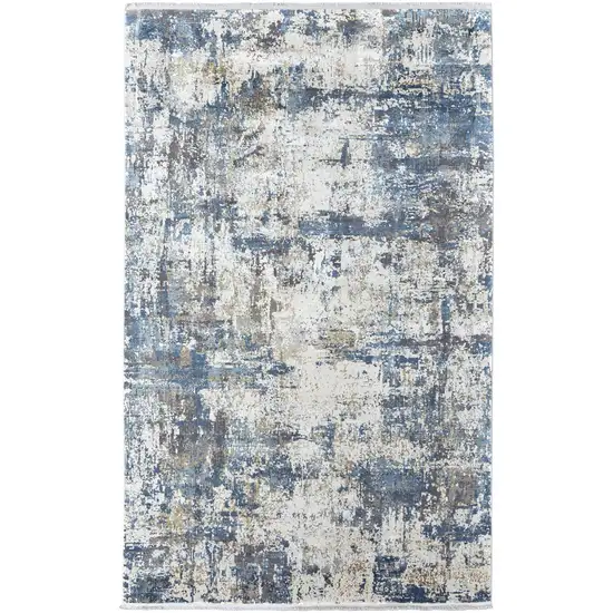 Ivory Tan and Blue Abstract Power Loom Area Rug With Fringe Photo 2