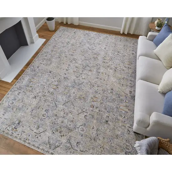 Ivory Tan and Blue Abstract Power Loom Worn Faded Area Rug With Fringe Photo 9