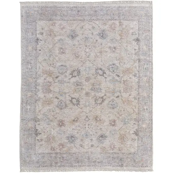 Ivory Tan and Blue Floral Hand Woven Distressed Area Rug With Fringe Photo 2