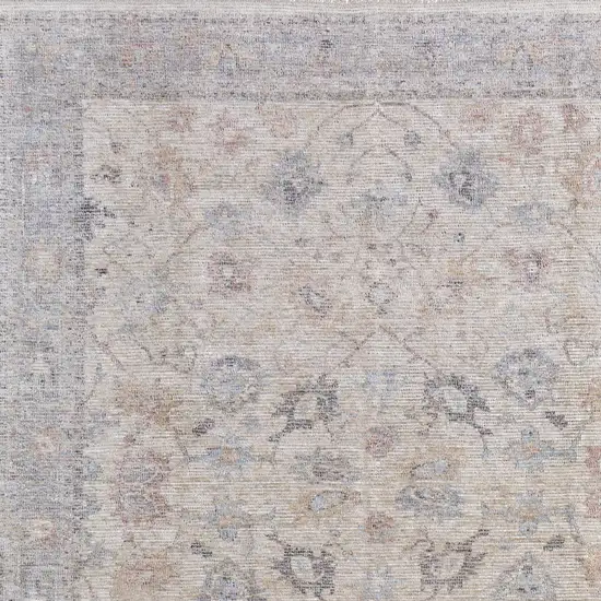 Ivory Tan and Blue Floral Hand Woven Distressed Area Rug With Fringe Photo 7