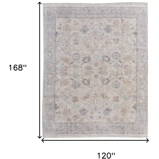 Ivory Tan and Blue Floral Hand Woven Distressed Area Rug With Fringe Photo 3