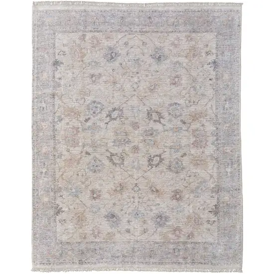 Ivory Tan and Blue Floral Hand Woven Distressed Area Rug With Fringe Photo 5